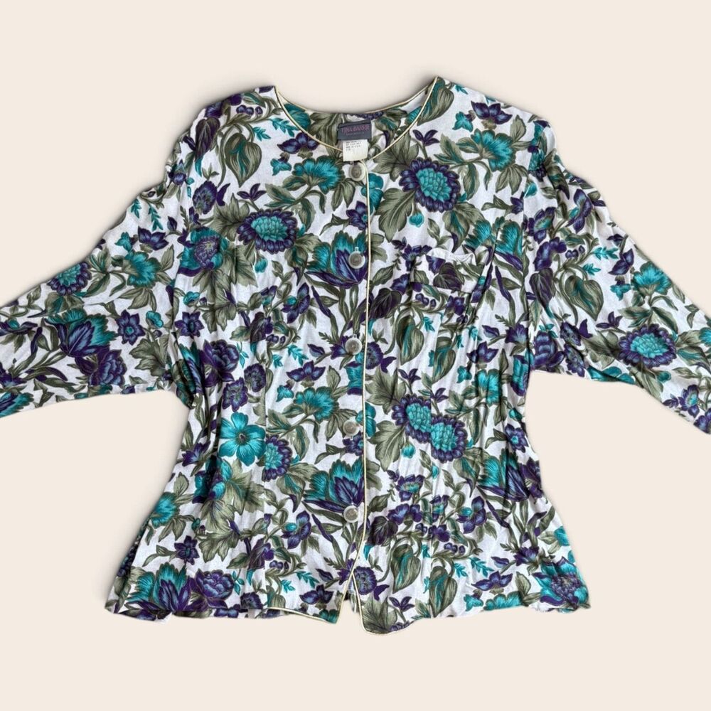 Vintage Tina Barrie Floral Blouse Jacket  Rayon Teal Purple Gold Trim USA